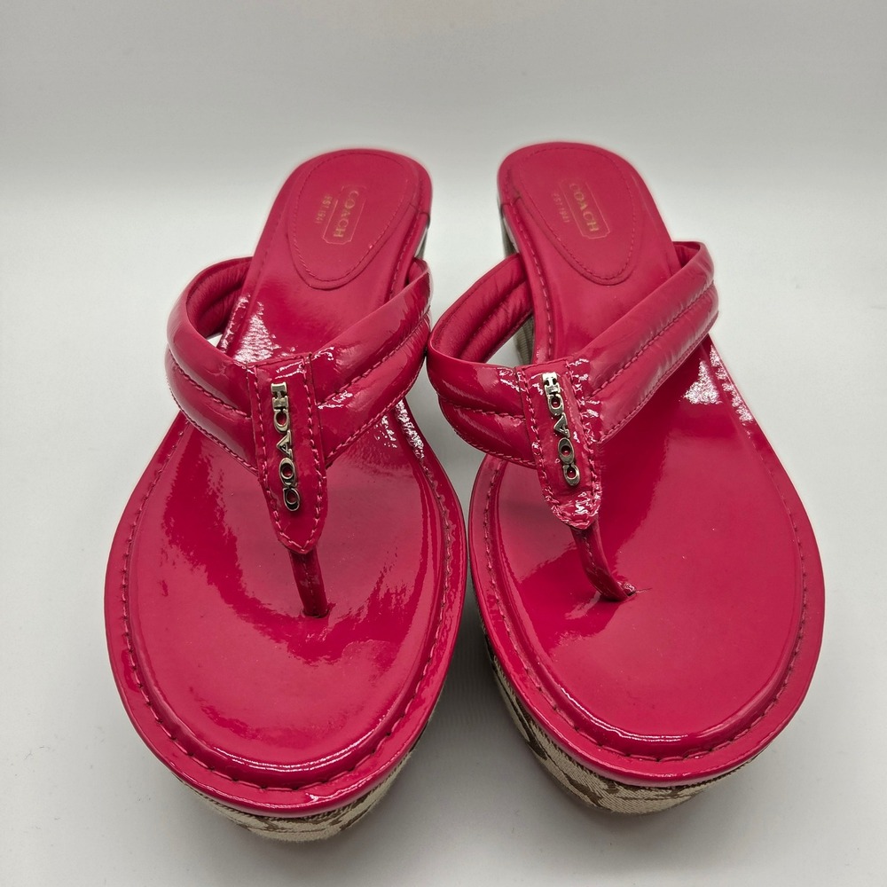 Coach Nella Wedge Sandals Womens 10B Pink Patent Leather Signature C Platform